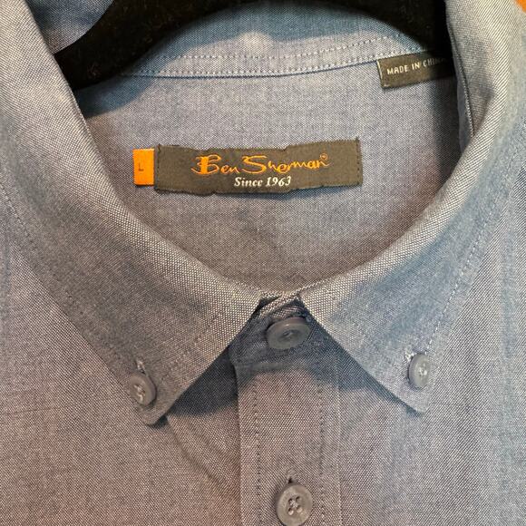 Ben Sherman Blue Chambray Printed Pocket‎ Button Down Mens Large Mod - Picture 4 of 10